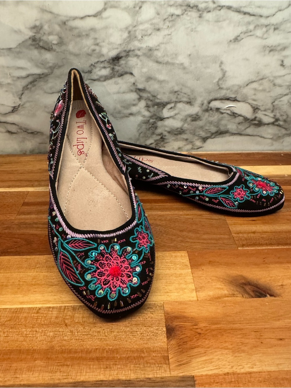 Two Lips Black Ballet Flats with Pink & Teal Floral Embroidery